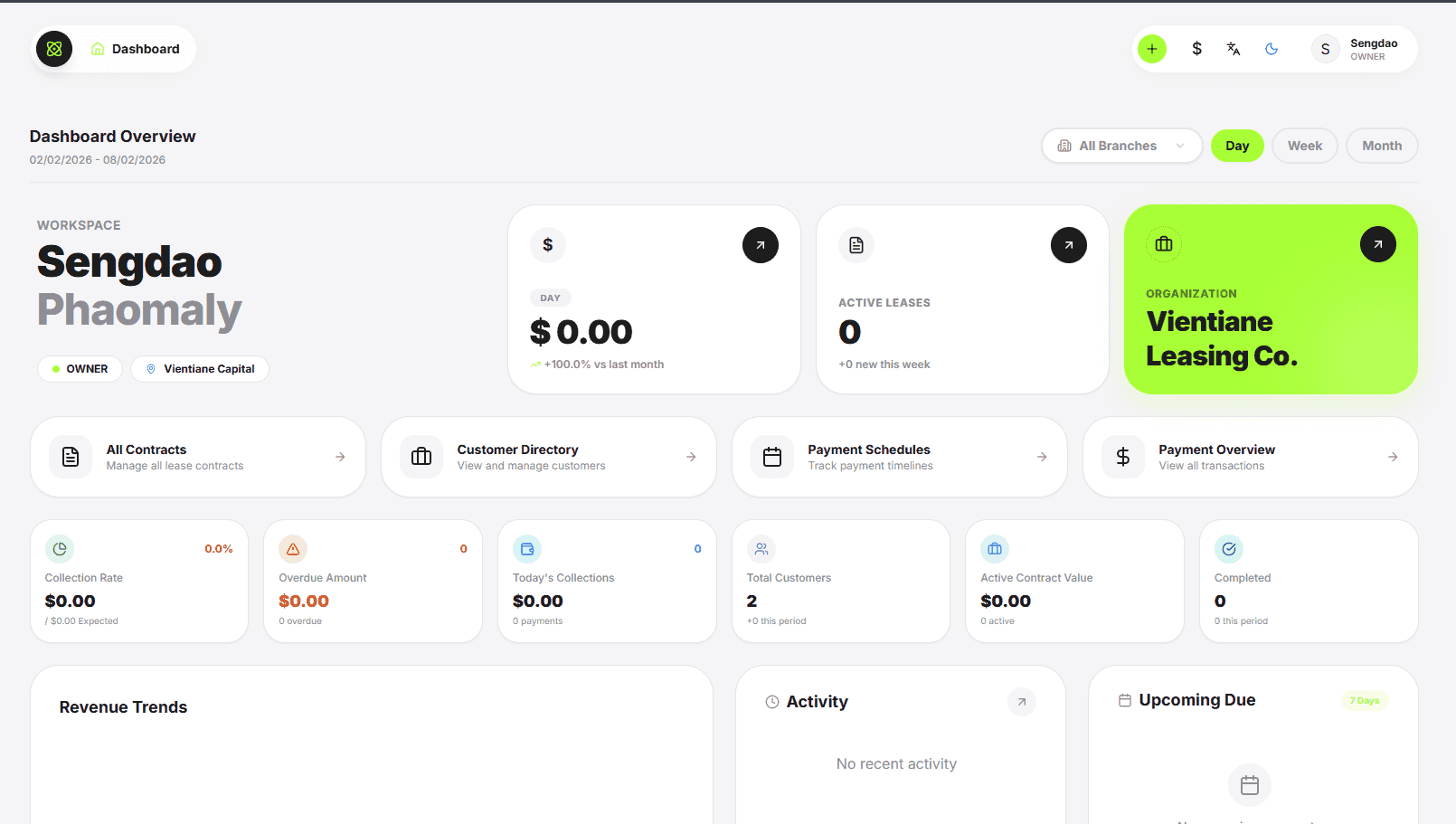 Atomic Leasing Dashboard — workspace overview with contracts, customers, payment schedules