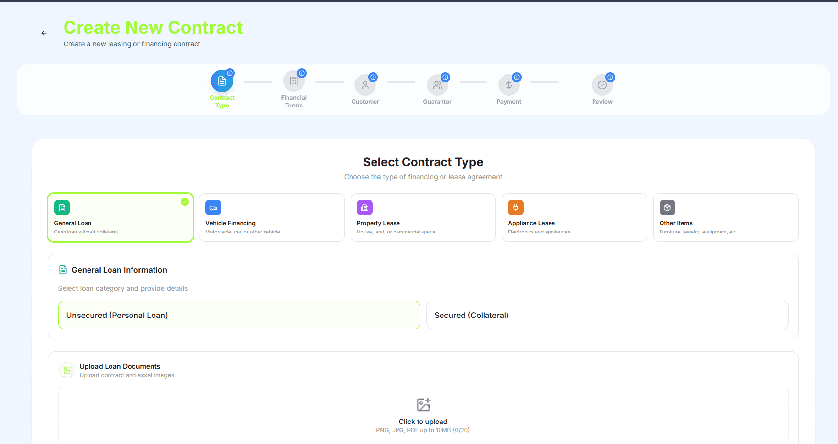 Atomic Leasing — Create New Contract form with customer and vehicle details