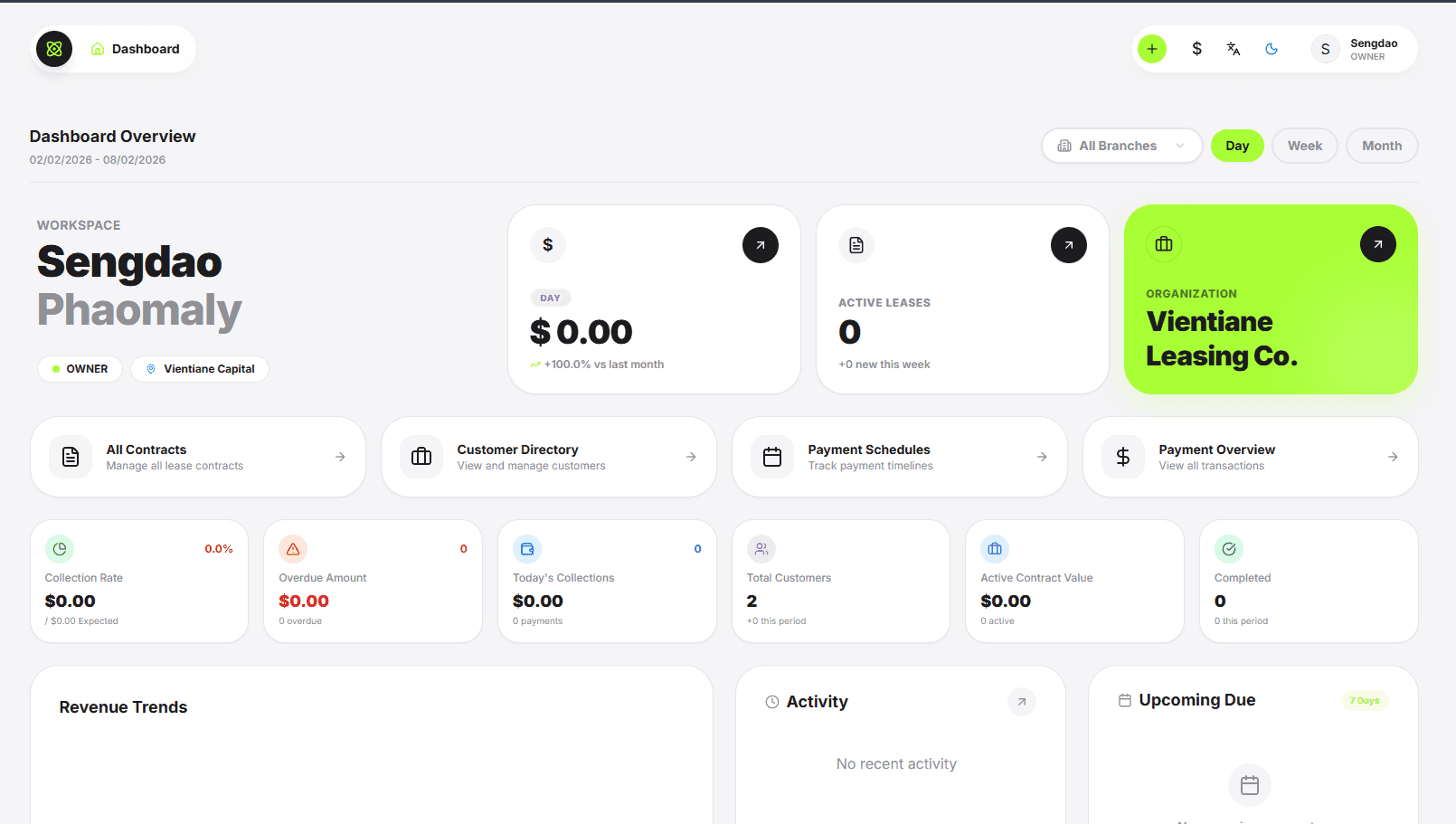 Atomic Leasing Dashboard — workspace overview with contracts, customers, payment schedules