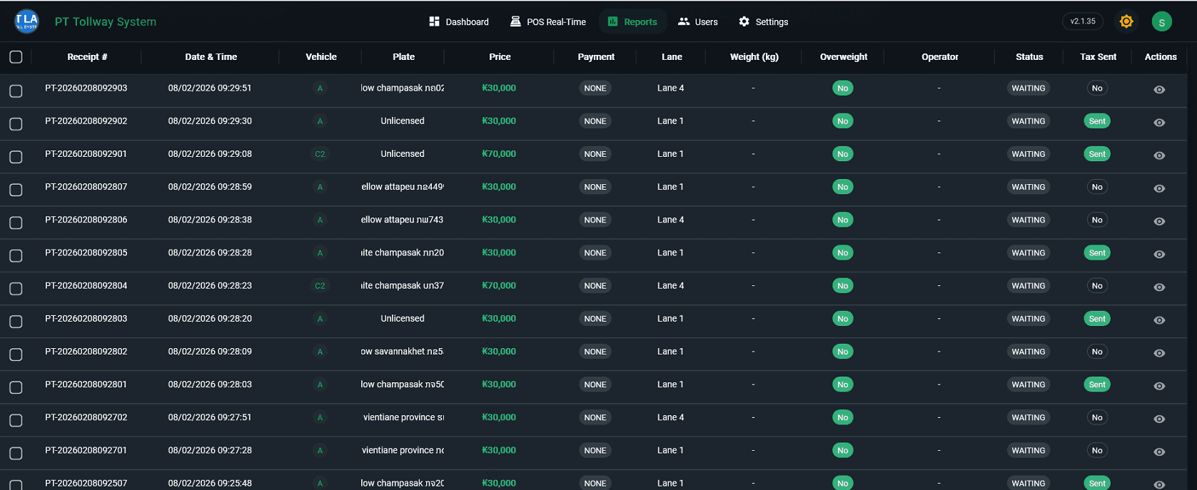 PT Tollway System — Transaction reports and receipts table